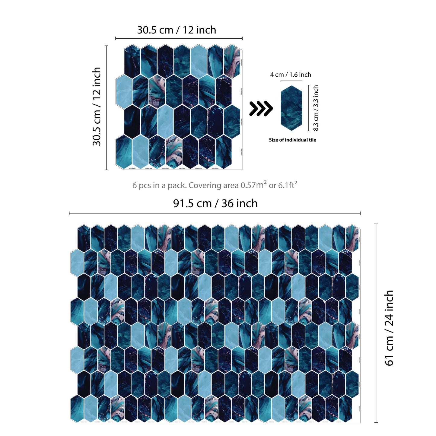 Blue Hexagon Honeycomb 3D Sticker Tile 12 x 12 inches / 30.5 x 30.5 cm - 6pcs in a pack