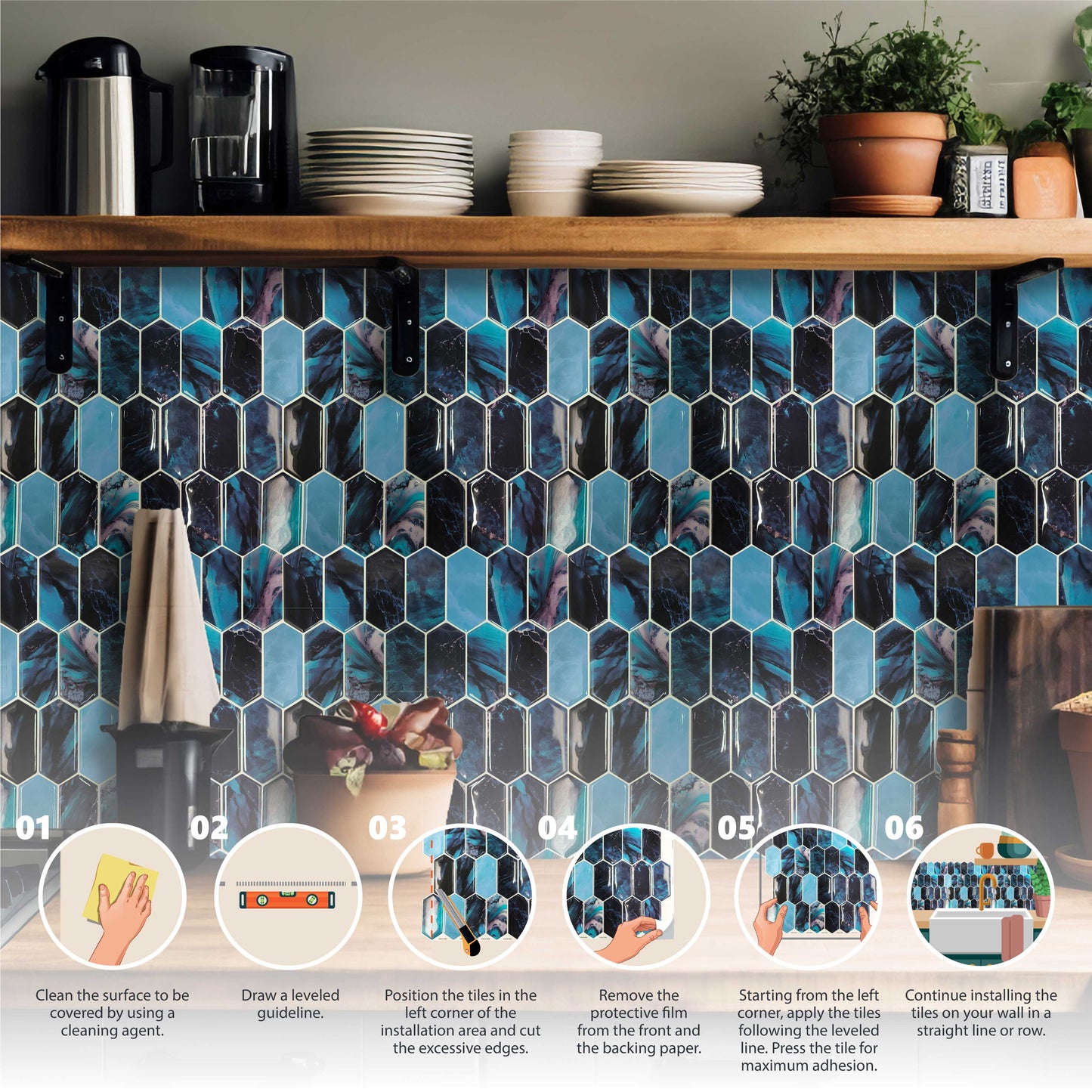 Blue Hexagon Honeycomb 3D Sticker Tile 12 x 12 inches / 30.5 x 30.5 cm - 6pcs in a pack