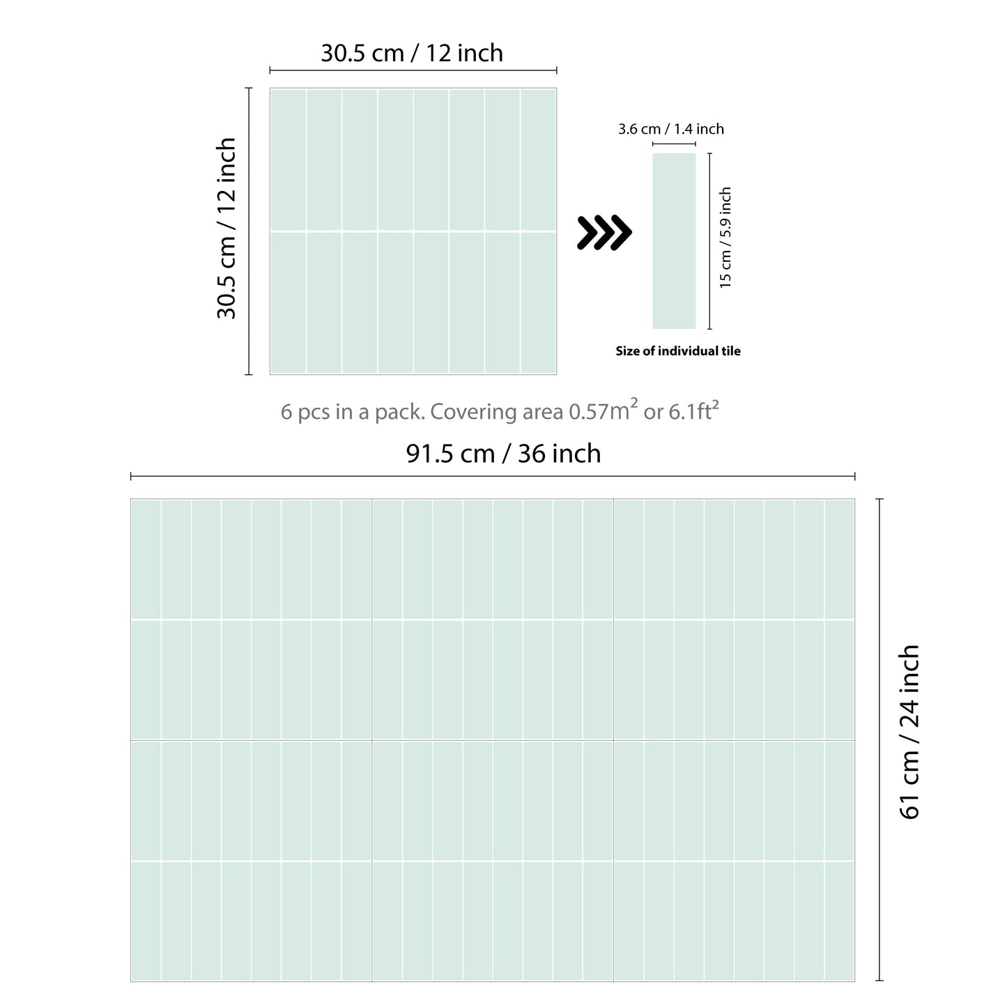 Light Sea Green Rectangular 3D Sticker Tile 12 x 12 inches / 30.5 x 30.5 cm - 6pcs in a pack