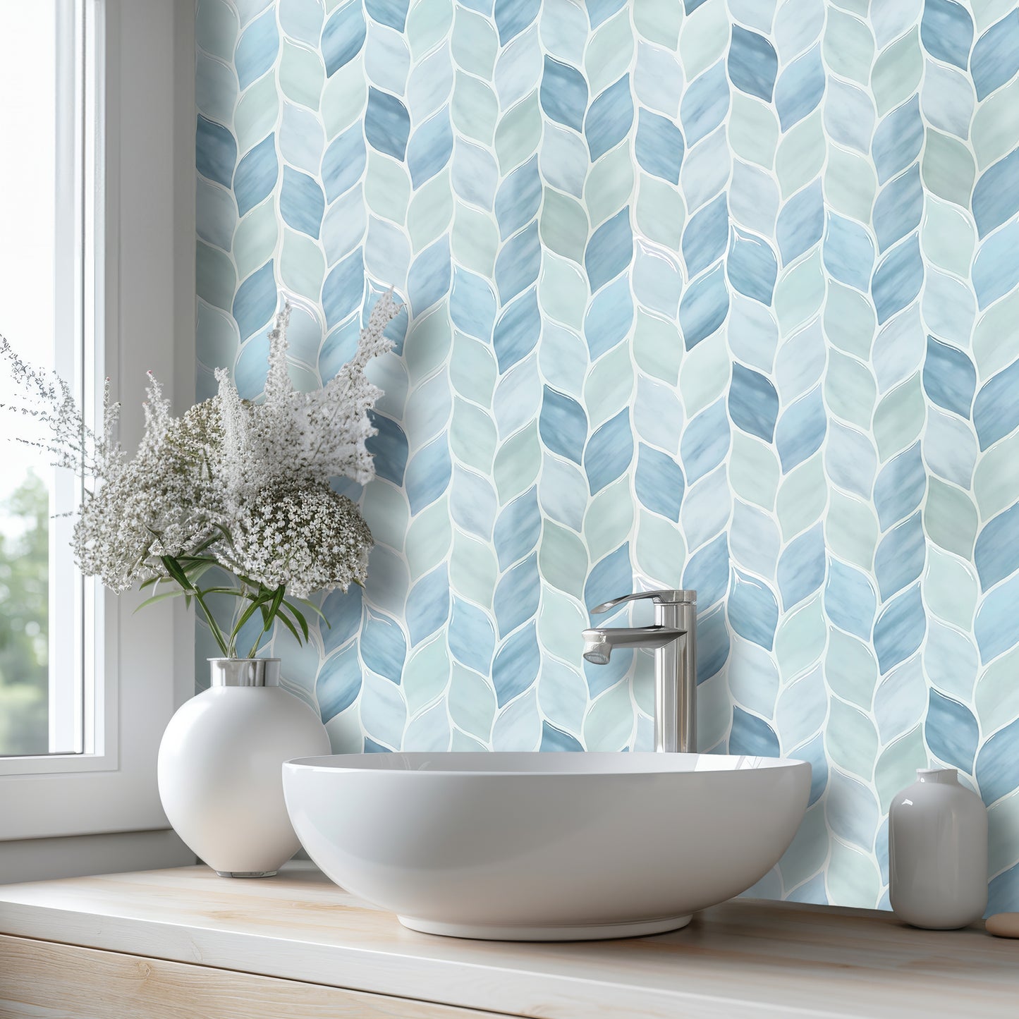 Leafy Blue Pattern Stone 3D Sticker Tile 12 x 12 inches / 30.5 x 30.5 cm - 6pcs in a pack