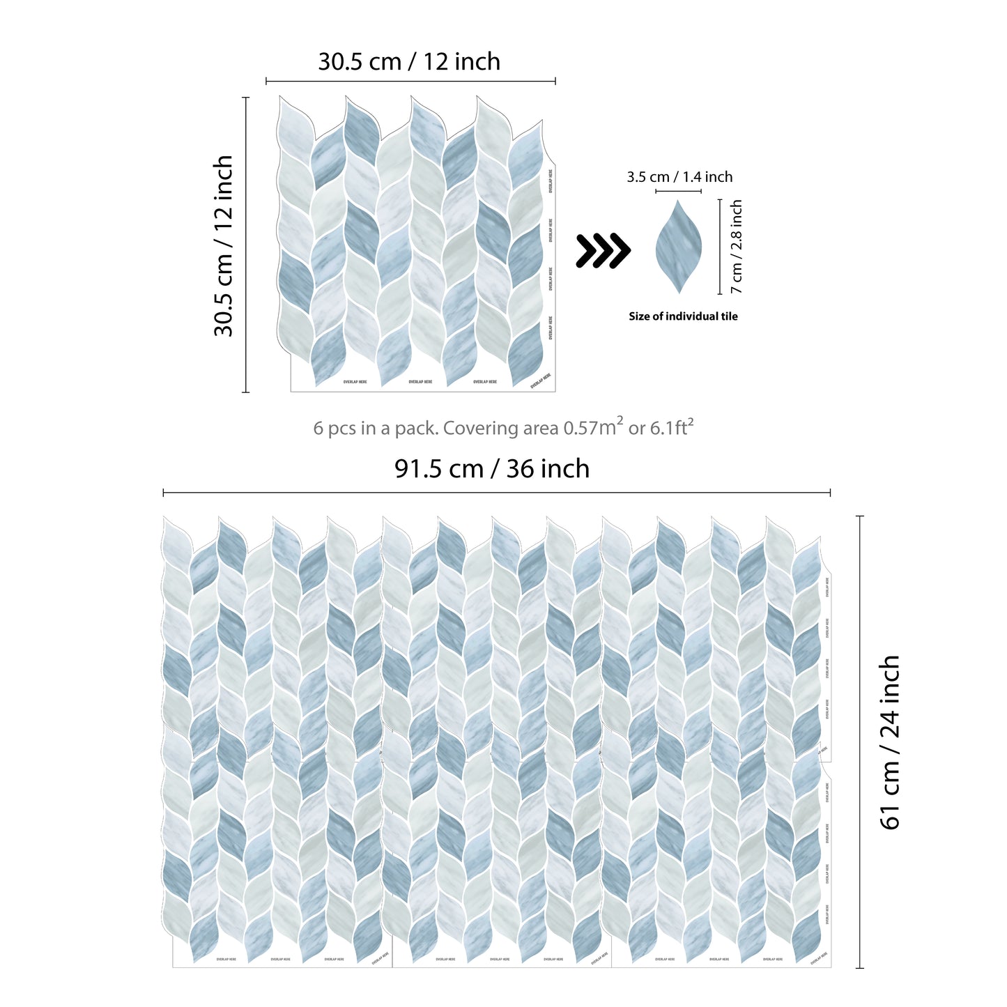Leafy Blue Pattern Stone 3D Sticker Tile 12 x 12 inches / 30.5 x 30.5 cm - 6pcs in a pack