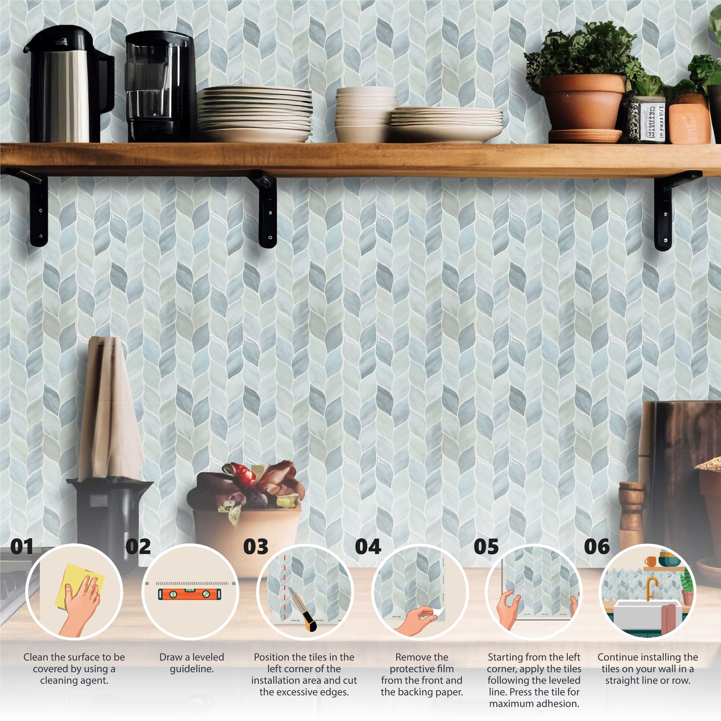 Leafy Blue Pattern Stone 3D Sticker Tile 12 x 12 inches / 30.5 x 30.5 cm - 6pcs in a pack