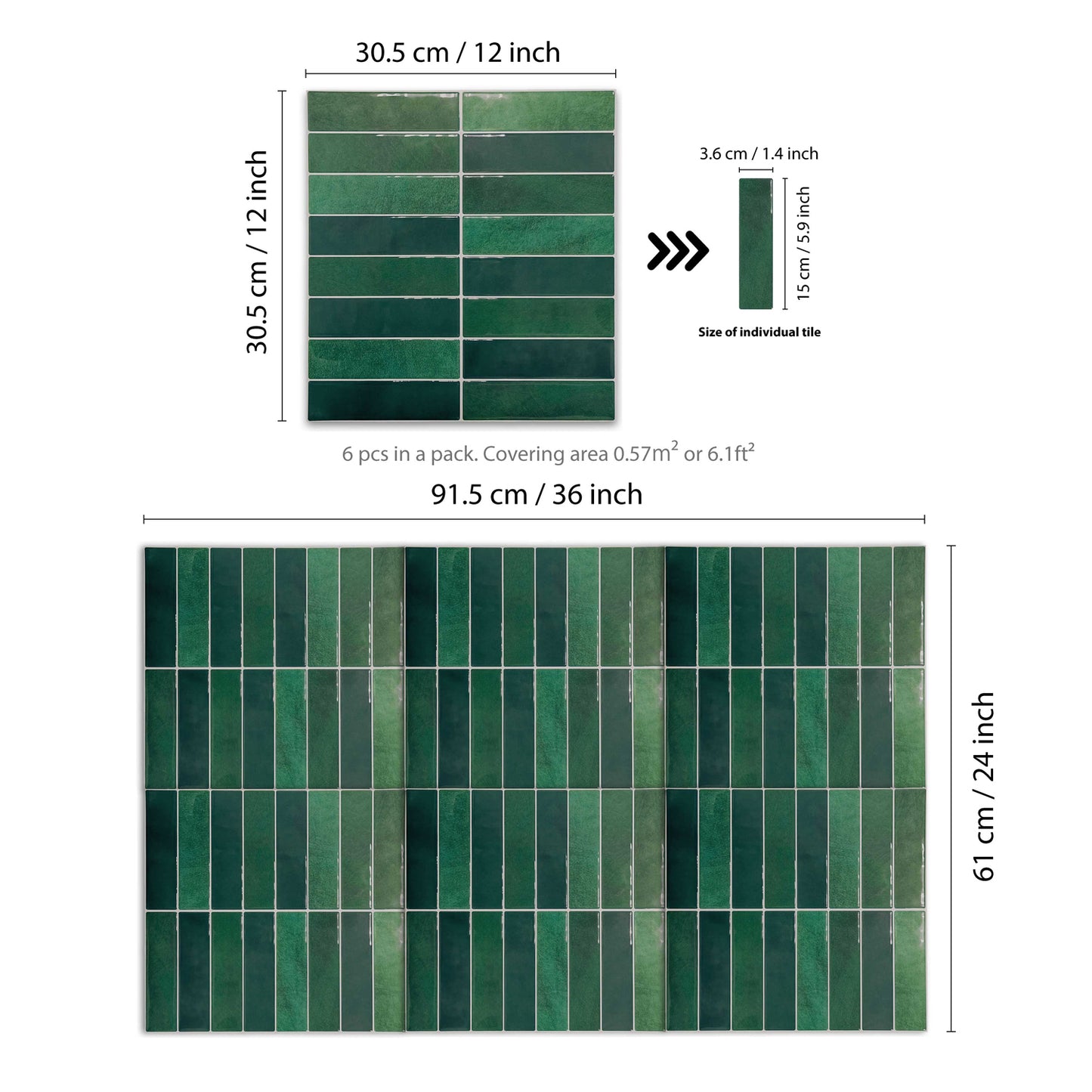 Dark Mose Green Rectangular 3D Sticker Tile 12 x 12 inches / 30.5 x 30.5 cm - 6pcs in a pack