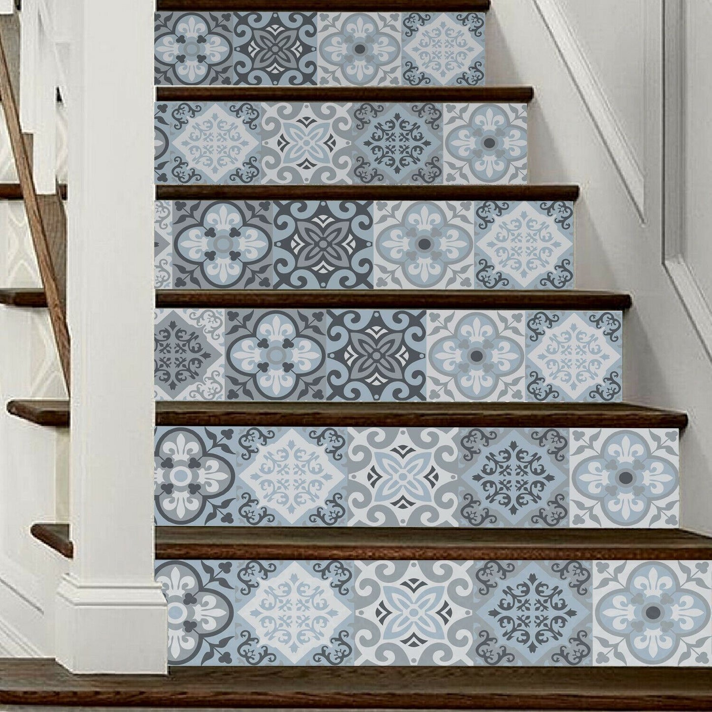 WFS031 - Light Blue Floral Tiles stairs stickers