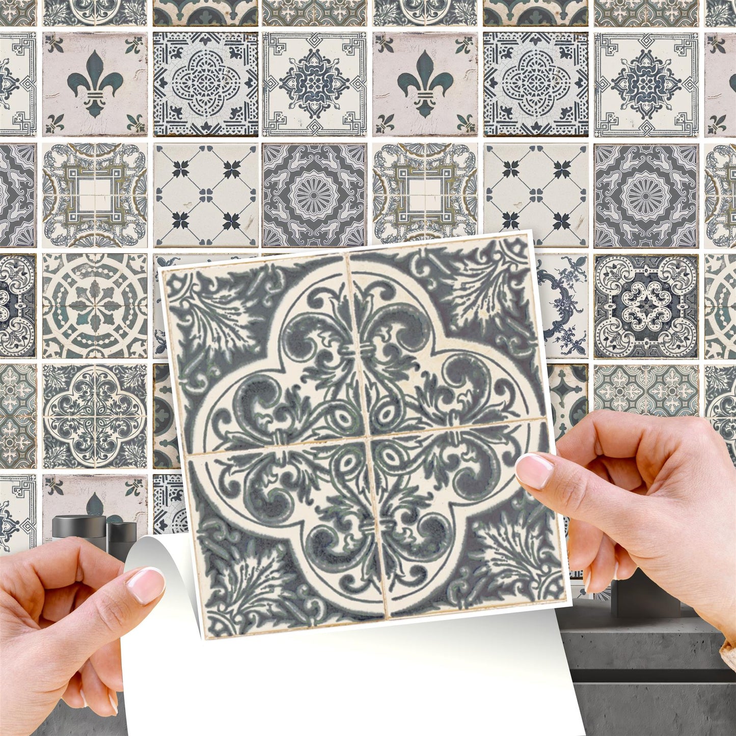 WT1586 - Vintage Blue Wall Tile Sticker Set - 15 x 15 cm (6 x 6 in) - 24 pcs