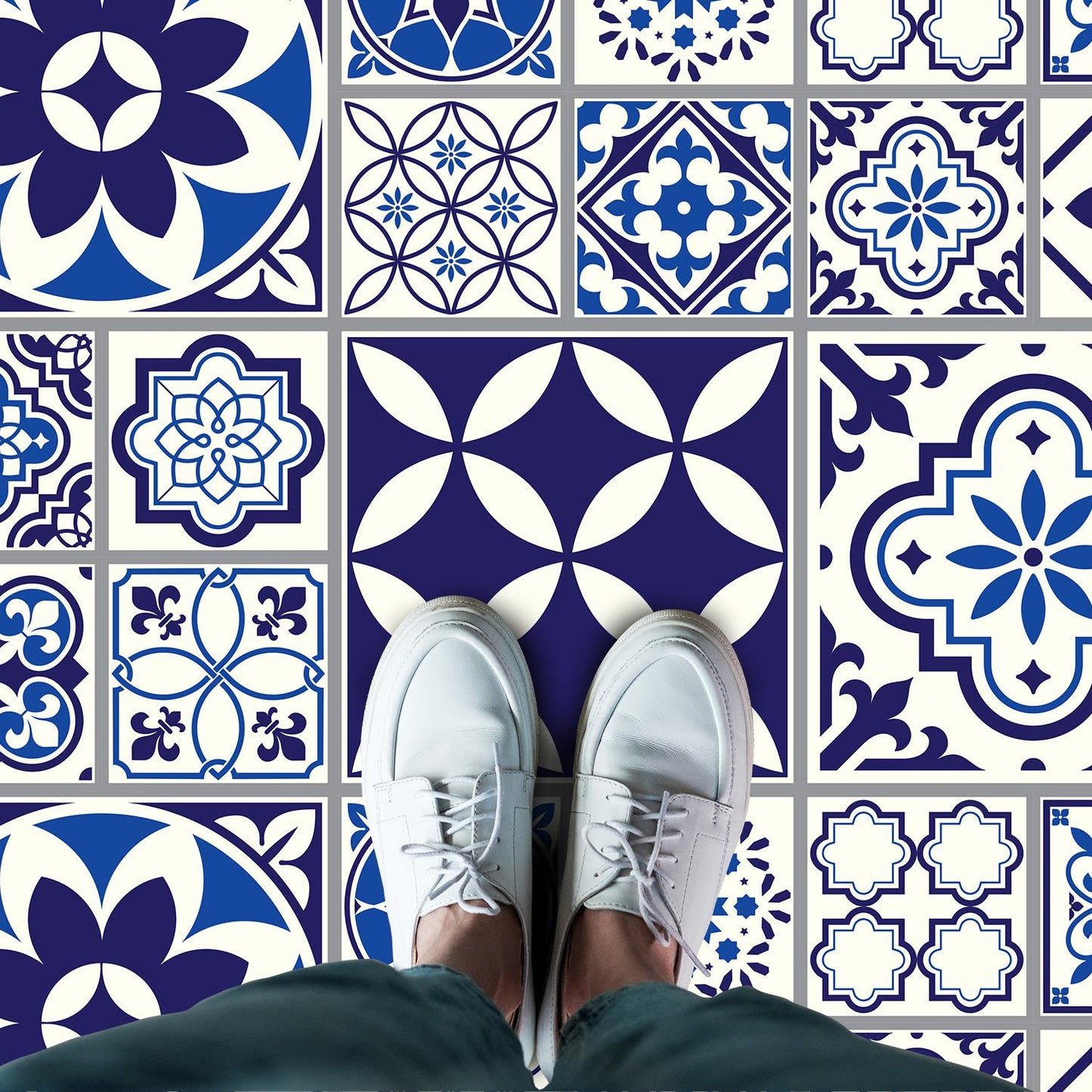 WFS6010 - Spanish and Moroccan Blue Tiles Melange Floor Sticker 120cm x 60 cm