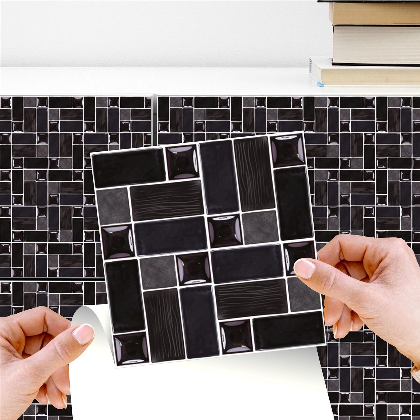 WT1589 - Glossy Black Porcelain Mosaic Wall Tile Sticker Set - 15 x 15 cm (6 x 6 in) - 24 pcs