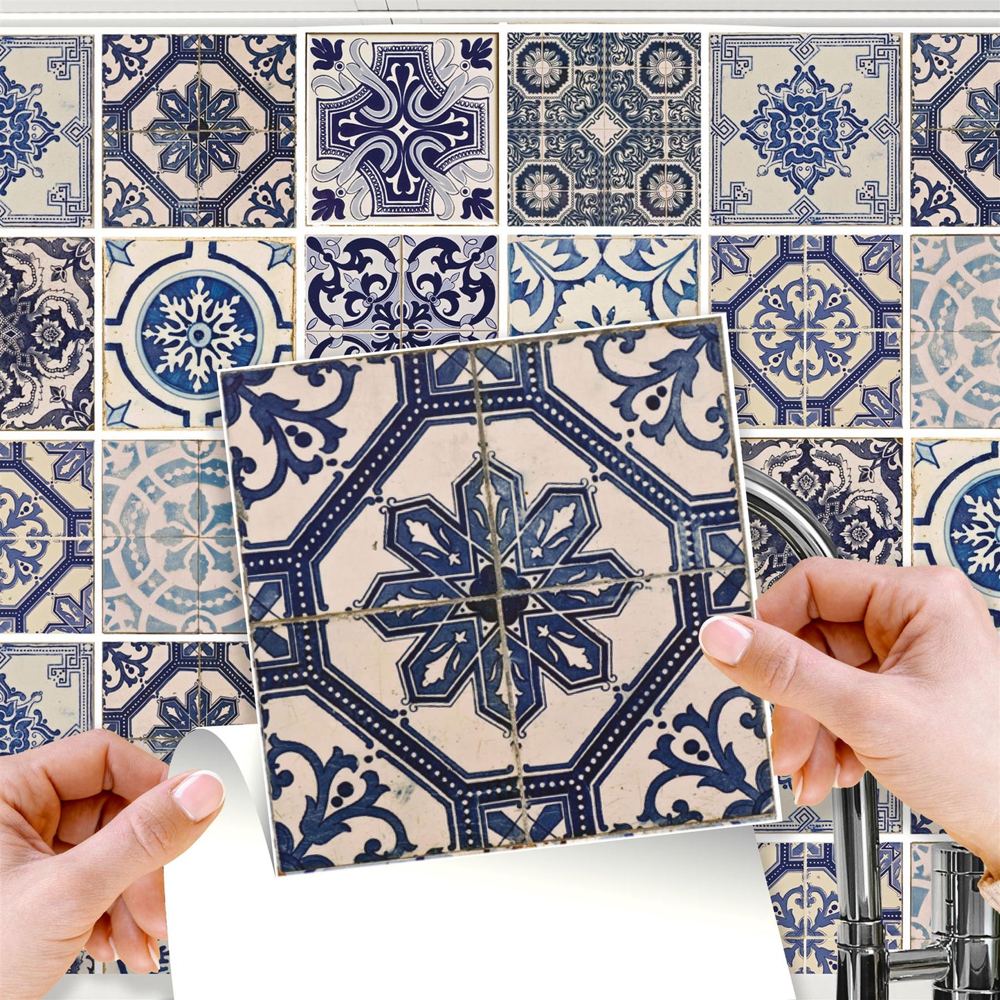 WT1584 - Malaga Spanish Blue Wall Tile Sticker Set - 15 x 15 cm (6 x 6 in) - 24 pcs