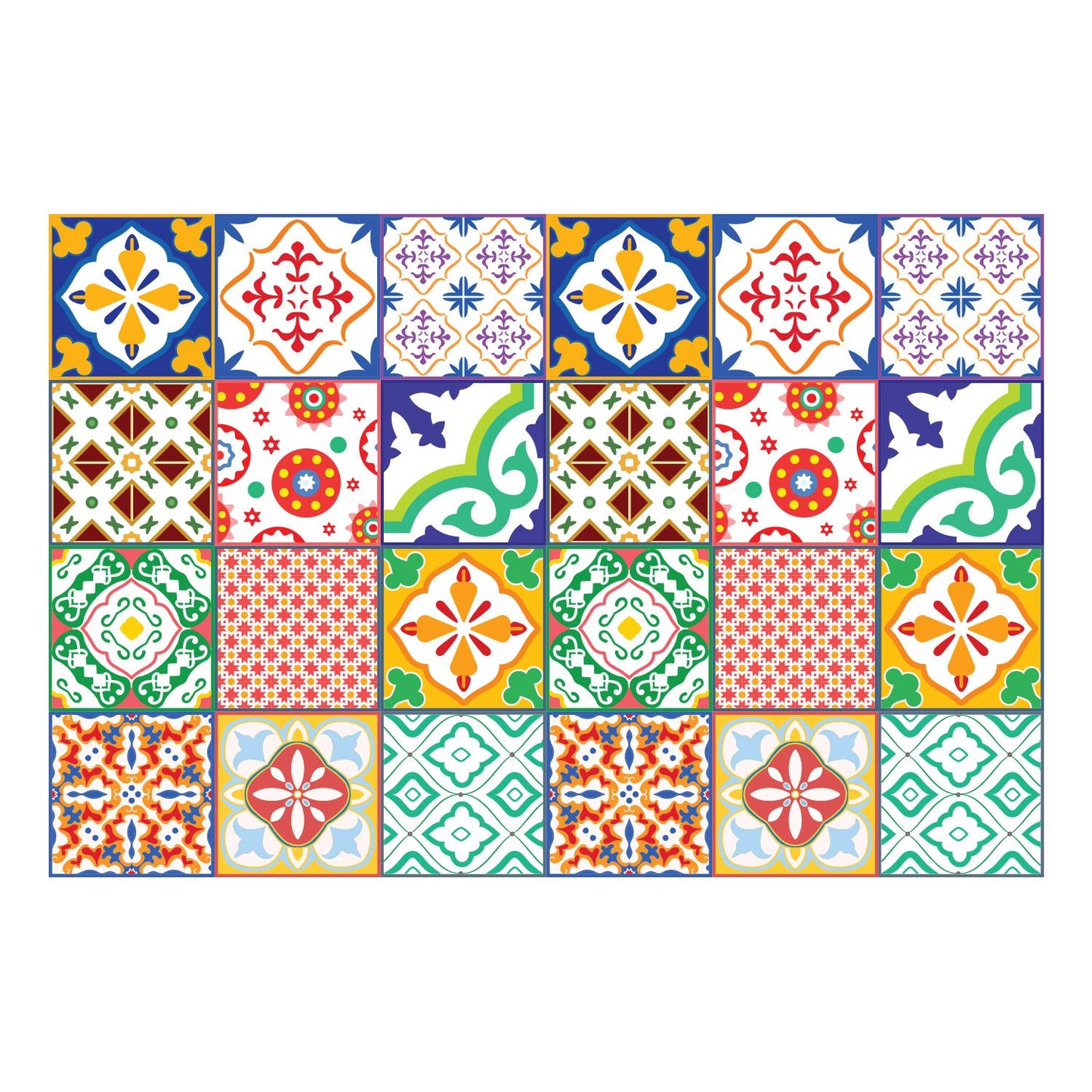 WT1535 - Classic Mediterranean Colourful Mixed Tiles Wall Stickers Set 1 - 15 x 15 cm (6 x 6 inches) - 24 pcs.
