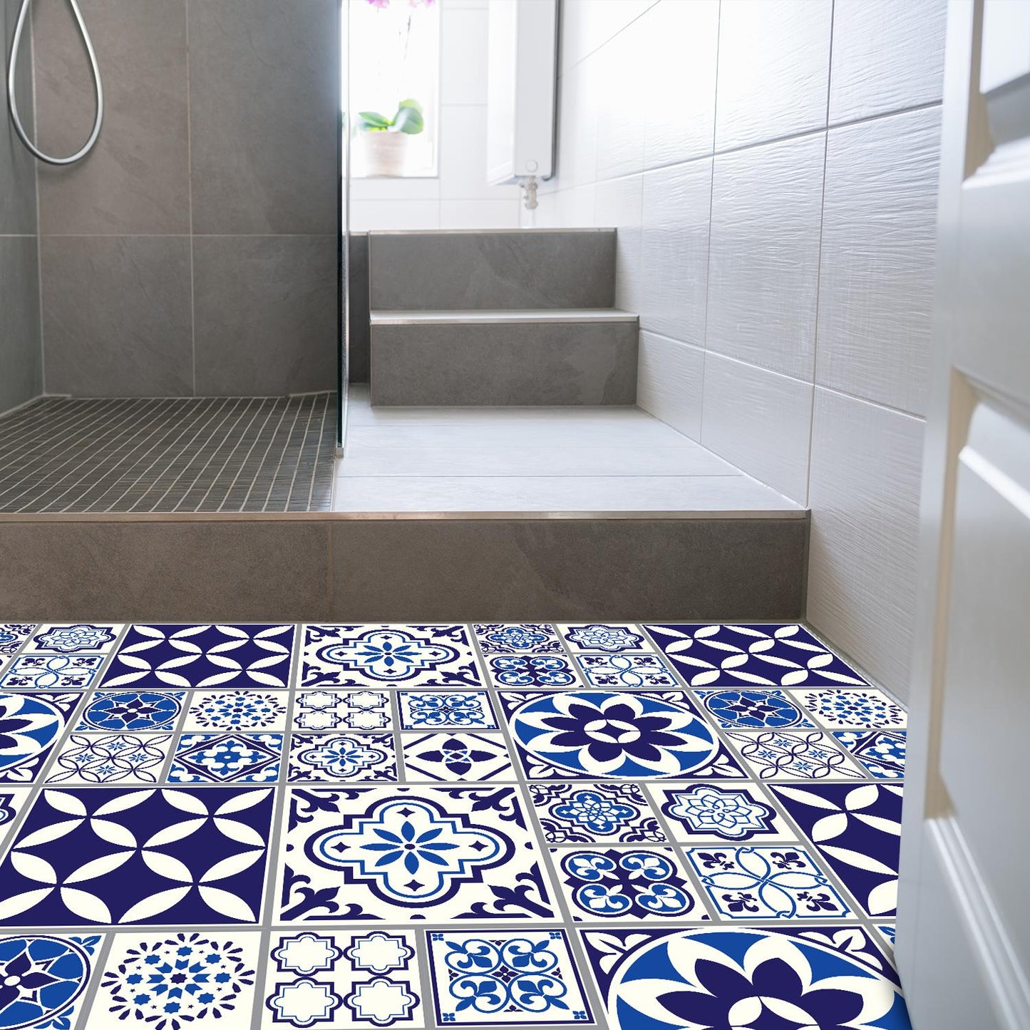 WFS6010 - Spanish and Moroccan Blue Tiles Melange Floor Sticker 120cm x 60 cm