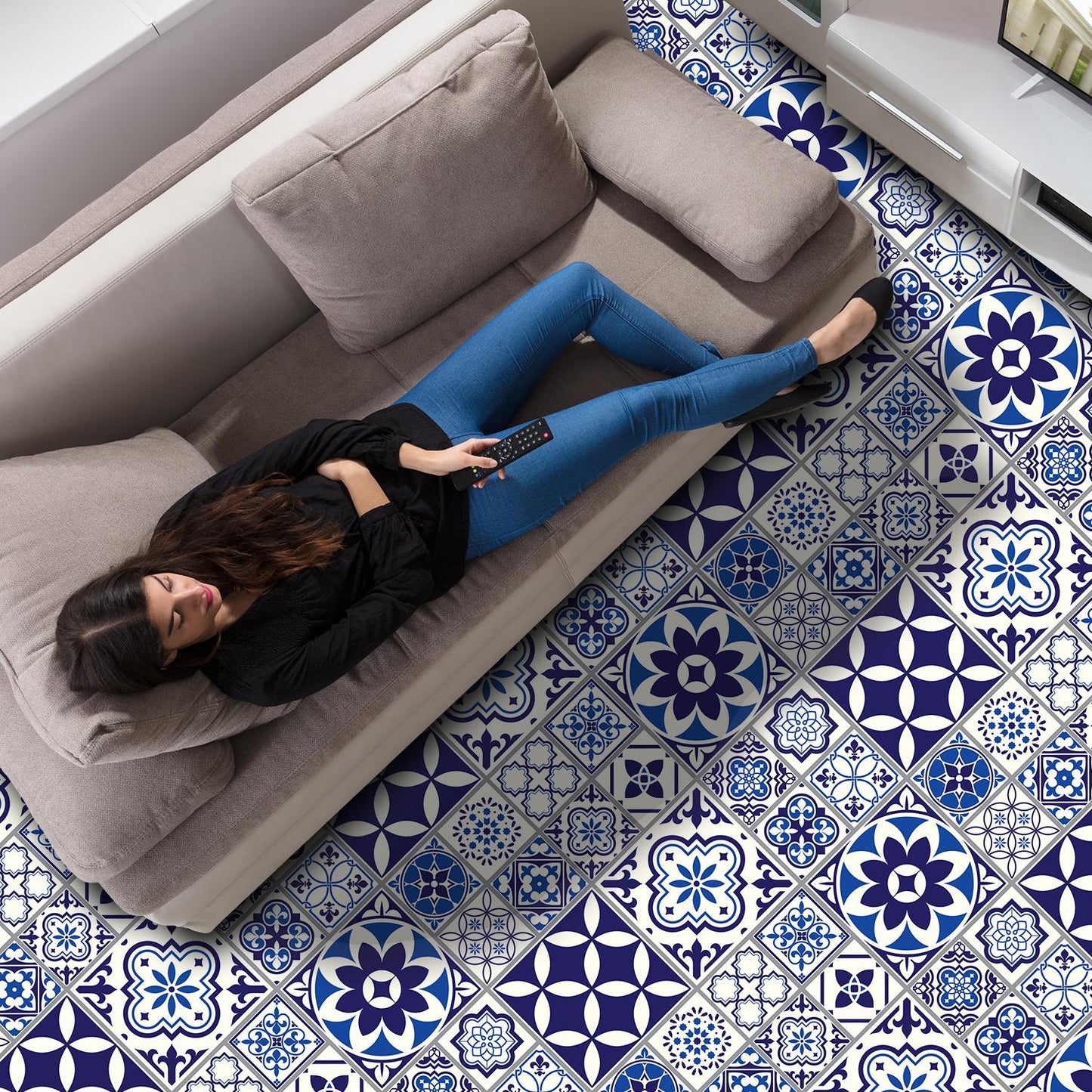 WFS6010 - Spanish and Moroccan Blue Tiles Melange Floor Sticker 120cm x 60 cm