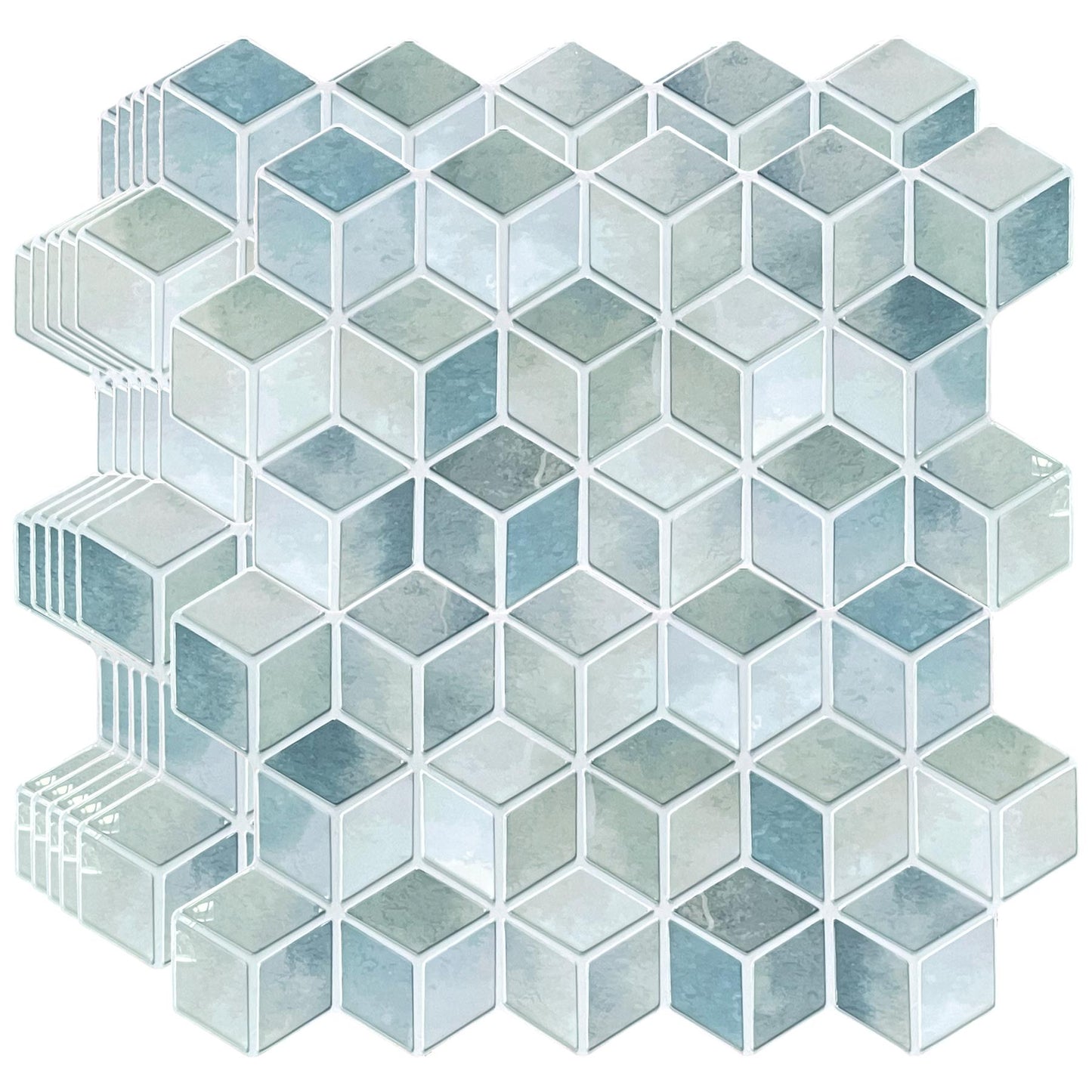 WT3D1827 - Blue Stone Hexacube Glossy 3D Tile Sticker 30.5 x 15.4cm (12 x 6 in) - 20pcs in a pack