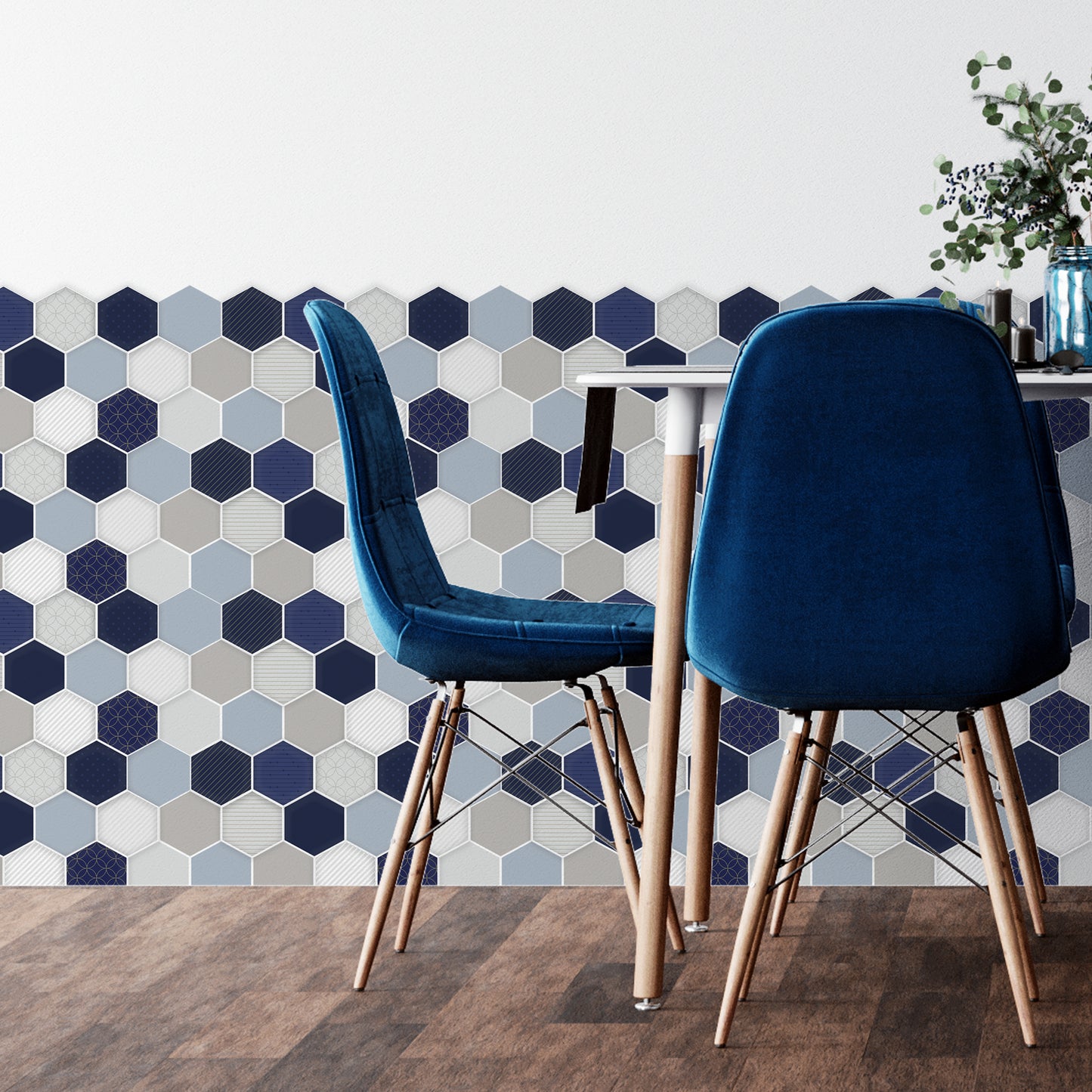 Honey Hexa Blue and Cream Glossy 3D Tile Stickers 30.5 x 15.4cm (12 x 6 in) - 12 pcs in a pack