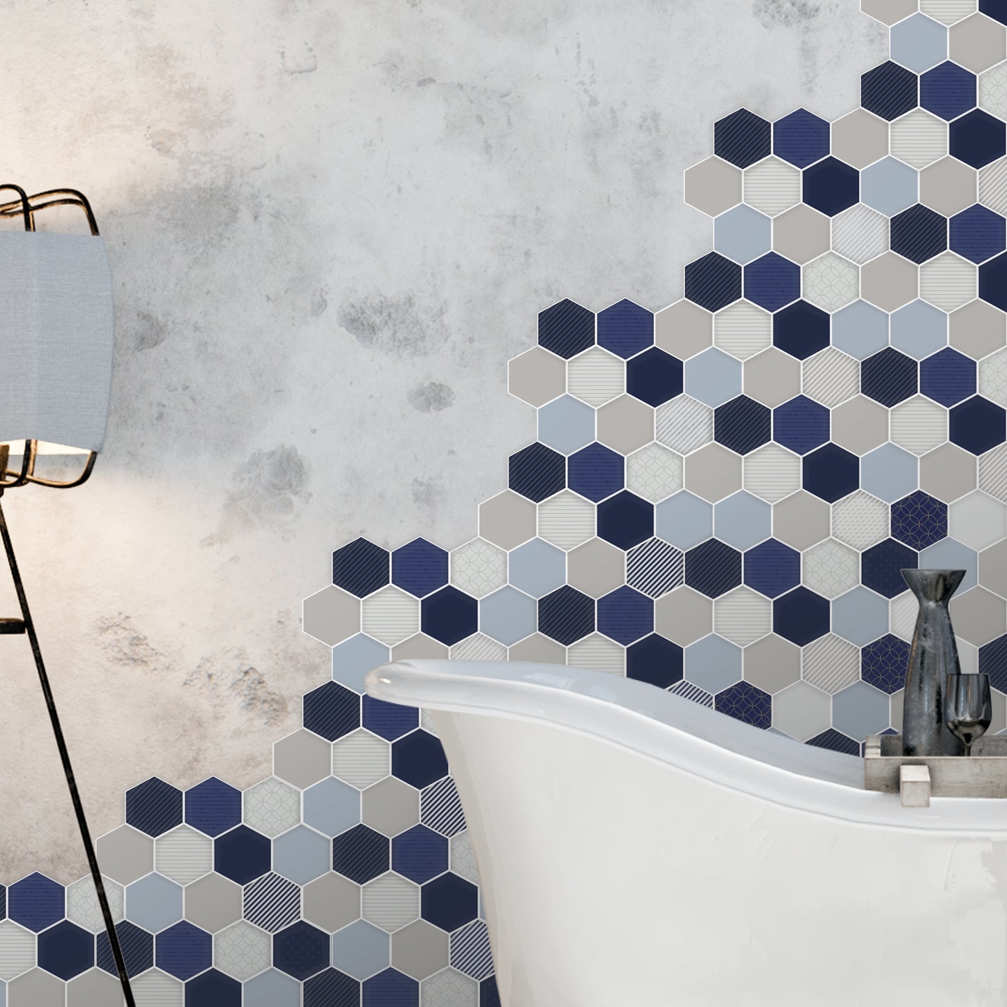 Honey Hexa Blue and Cream Glossy 3D Tile Stickers 30.5 x 15.4cm (12 x 6 in) - 12 pcs in a pack