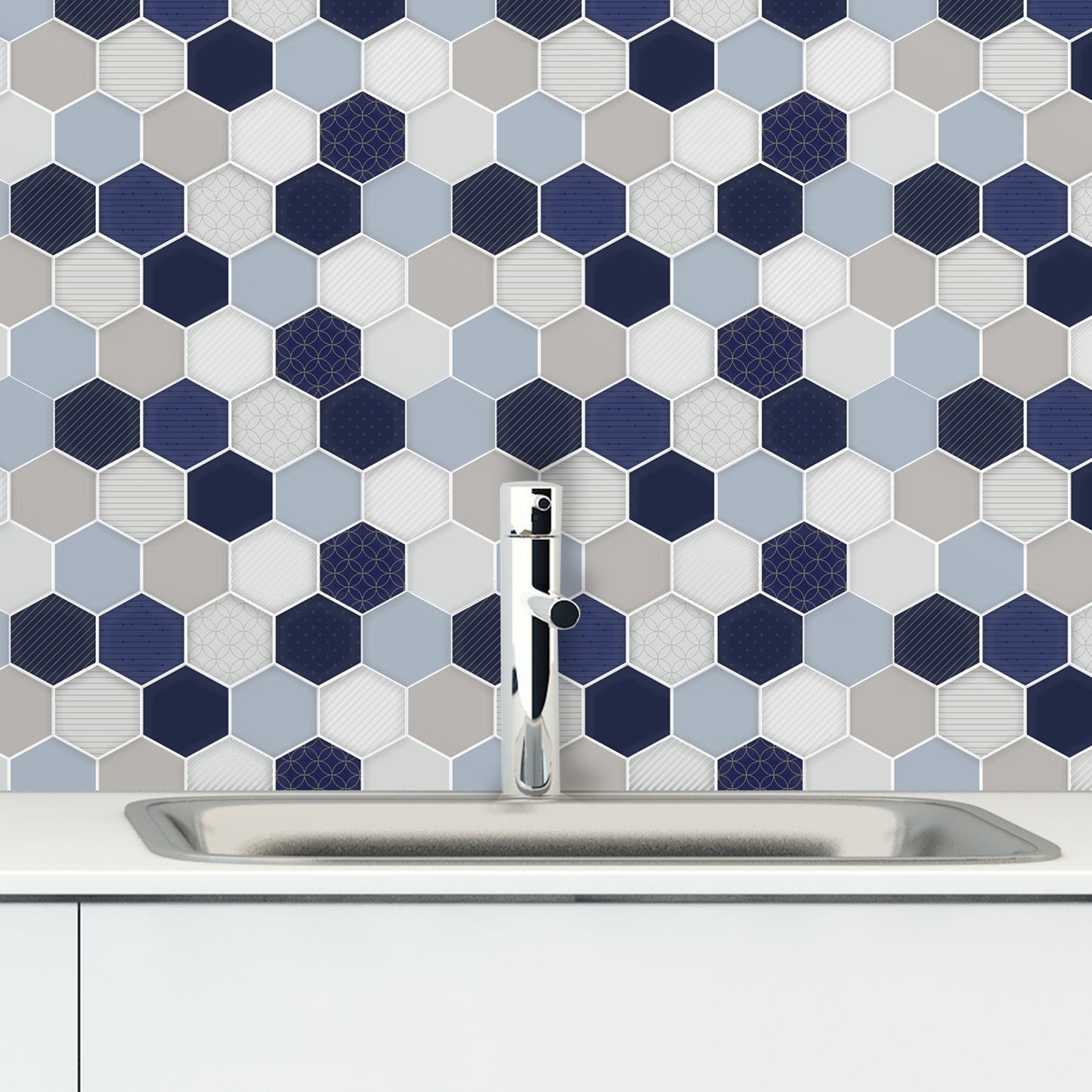 Honey Hexa Blue and Cream Glossy 3D Tile Stickers 30.5 x 15.4cm (12 x 6 in) - 12 pcs in a pack
