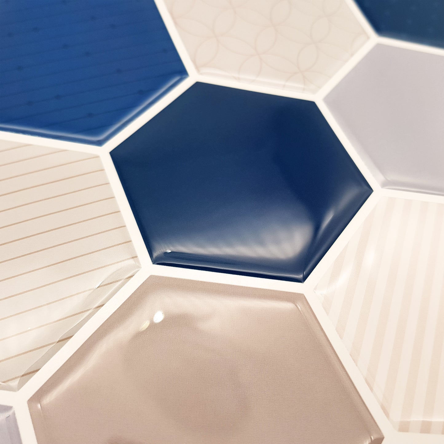 Honey Hexa Blue and Cream Glossy 3D Tile Stickers 30.5 x 15.4cm (12 x 6 in) - 12 pcs in a pack