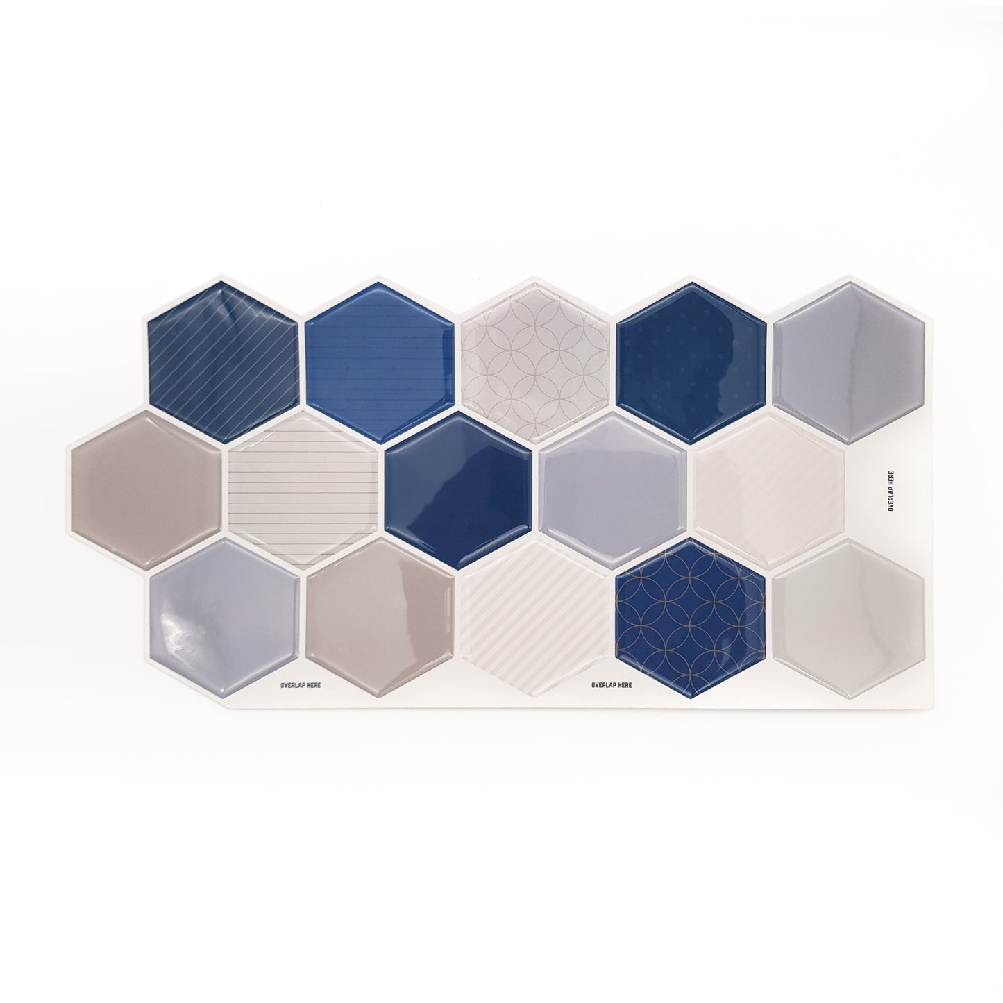 Honey Hexa Blue and Cream Glossy 3D Tile Stickers 30.5 x 15.4cm (12 x 6 in) - 12 pcs in a pack