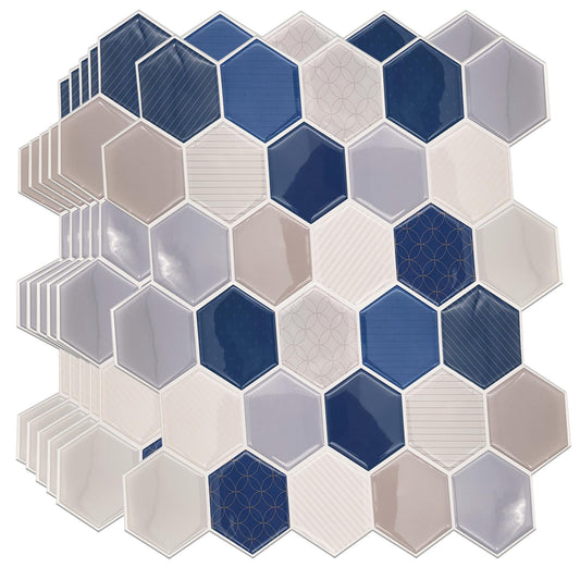 Honey Hexa Blue and Cream Glossy 3D Tile Stickers 30.5 x 15.4cm  (12 x 6 in) - 12 pcs in a pack