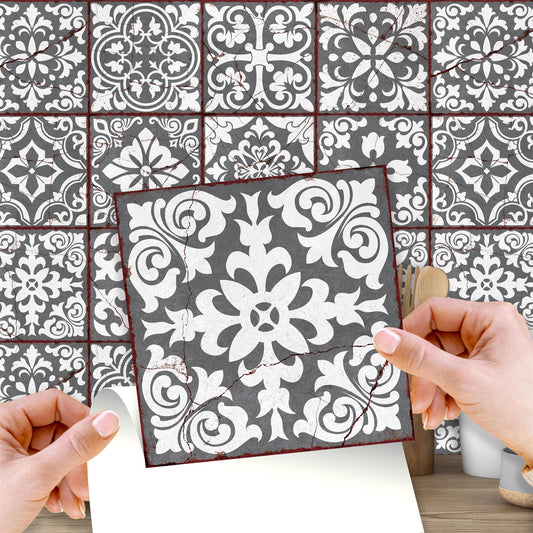 WT1543 - Vintage Cracked Design Medieval Tiles Wall Stickers - 15 cm x 15 cm - 24 pcs