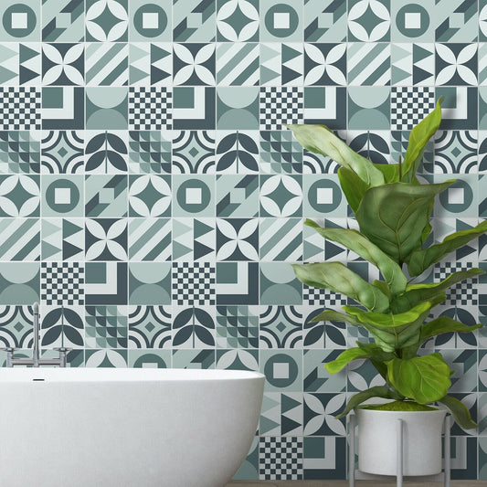 WT1552 - Melvin Blue Grey Geometric Retro Tile Sticker Set - 15 cm x 15 cm - 24 pcs