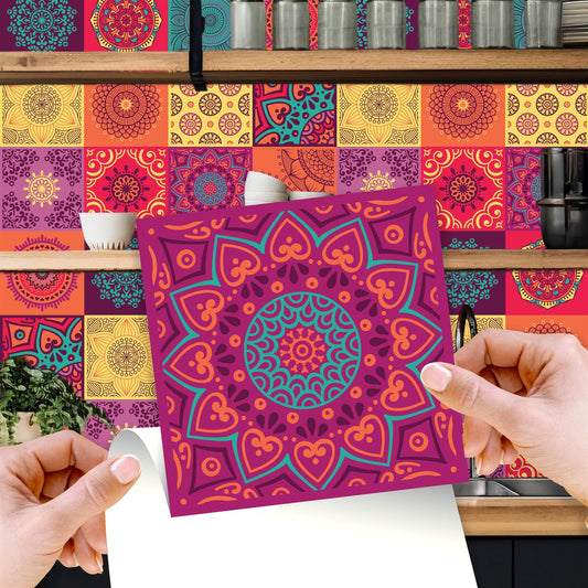 WT1509 - Colourful Mandala Tiles Wall Stickers - 15 cm x 15 cm - 24 pcs.