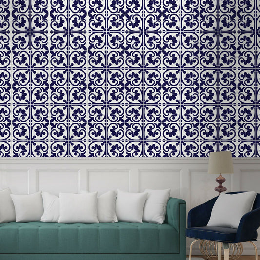 WT1576 - Betsy Monocromatic Dark Blue Victorian Wall Tile Sticker Set - 15 x 15 cm (6 x 6 in) - 24 pcs