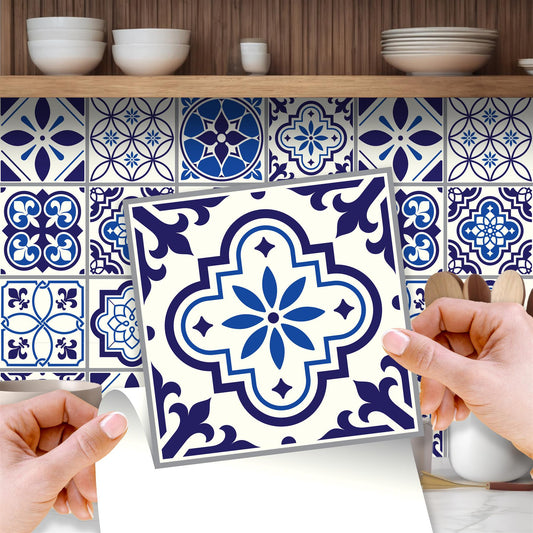 WT1501 - Spanish & Moroccan Blue Tiles Mix Wall Stickers - 15 cm  x 15 cm - 24 pcs.