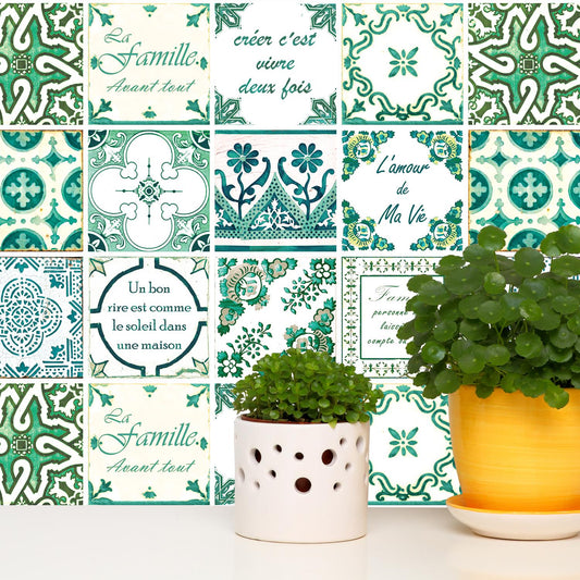 WT1516 - French Quote Classic Green Tile Sticker - 15 cm x 15 cm - 24 pcs