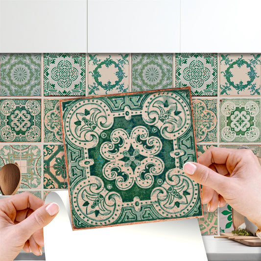 WT1585 - Vintage Green Antique Azulejo Wall Tile Sticker Set - 15 x 15 cm (6 x 6 in) - 24 pcs