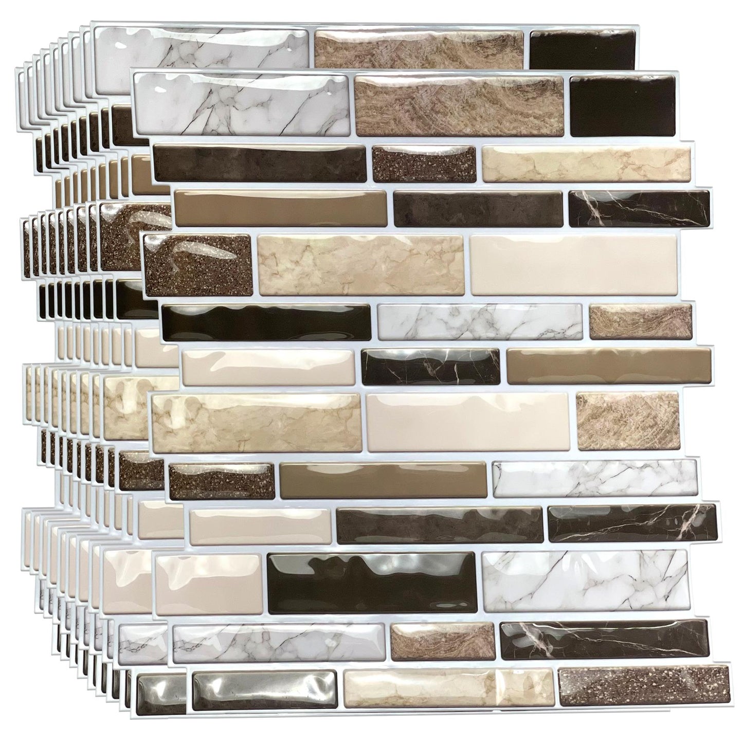 WT3D1825 - Brown Stone Glossy Mosaic 3D Tile Sticker 30.5 x 30.5cm (12 x 12 in) - 10pcs in a pack