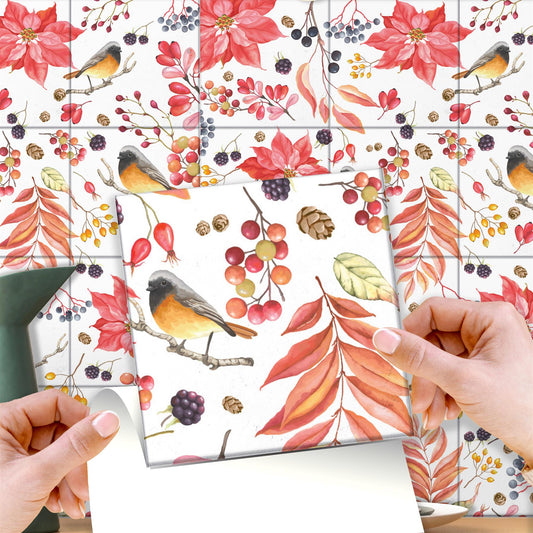 WT1527 Poinsettia the Winter Joy Tiles Mix Wall Stickers - 15 cm x 15 cm - 24 pcs.