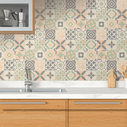 WT1546 - Kansas Baby Rose and Pastel Green Wall Tile Sticker Set - 15 cm x 15 cm - 24 pcs