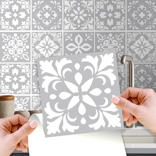 WT1556 - Andalu Light Grey Cement Spanish Wall Tile Sticker Set - 15 cm x 15 cm - 24 pcs
