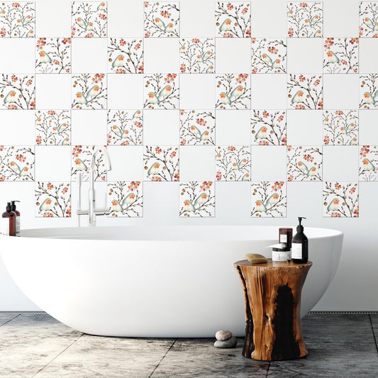 WT1525 Ode To The Robin Redbreast Tiles Mix Wall Stickers - 15 cm x 15 cm - 24 pcs.