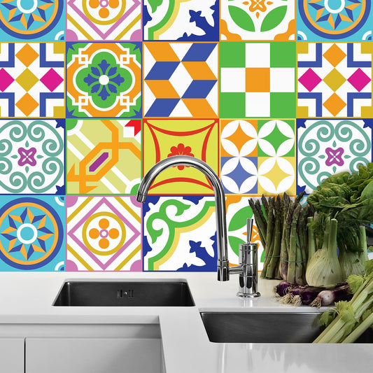 WT1534 - Classic Spanish Colourful Mixed Tiles Wall Stickers Set 2 - 15 x 15 cm (6 x 6 inches) - 24 pcs.