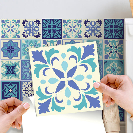 WT1567 - Daliah Blue and Turquoise Mediterranean Wall Tile Sticker Set - 15 cm x 15 cm - 24 pcs