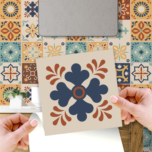WT1561 - Jama Brown and Blue Moroccan Wall Tile Sticker Set - 15 cm x 15 cm - 24 pcs