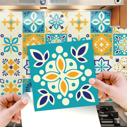 WT1565 - Temara Yellow and Blue Moroccan Wall Tile Sticker Set - 15 cm x 15 cm - 24 pcs