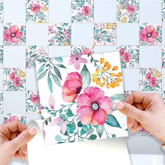 WT1526 Sweet Spring Bouquet Tiles Mix Wall Stickers - 15 cm x 15 cm - 24 pcs.