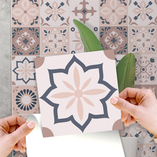 WT1562 - Menara Pink and Grey Cement Moroccan Wall Tile Sticker Set - 15 cm x 15 cm - 24 pcs