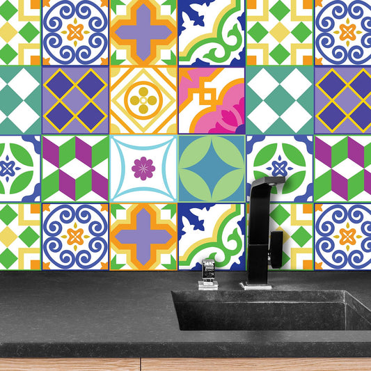 WT1533 - Classic Spanish Colourful Mixed Tiles Wall Stickers Set 1 - 15 x 15 cm (6 x 6 inches) - 24 pcs.