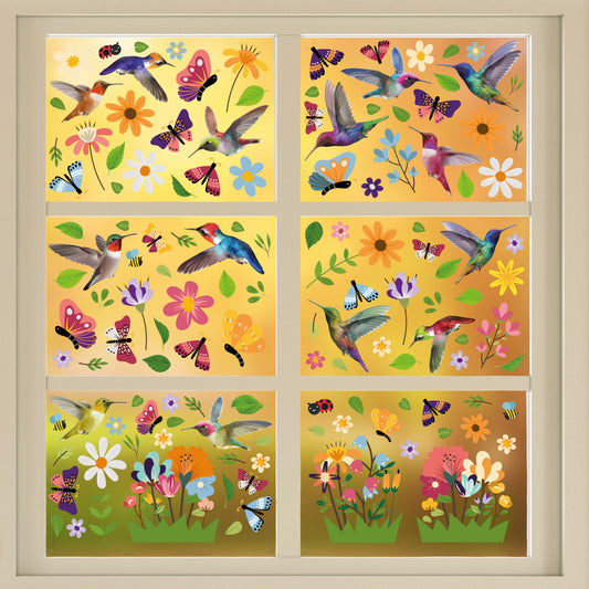 C2WSW019 - Small Hummingbirds with Butterflies In The Meadow Of Flowers Window Clings - WSW3002 + WSW6009