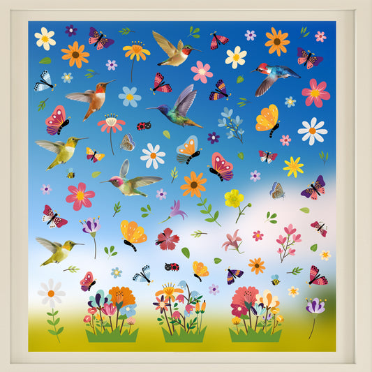 C2WSW022 - Huge Hummingbirds with Butterflies In The Meadow Of Flowers Window Clings - WSW3003 + WSW6009