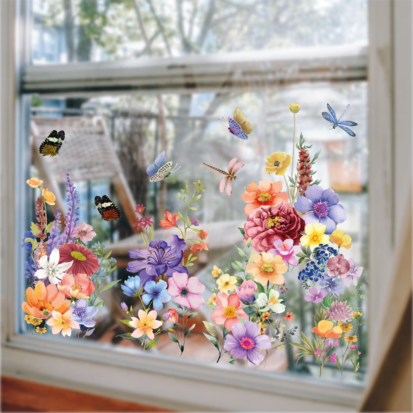 WSW6018 - Colourful Flowers with Dragonflies and Butterflies Window Clings