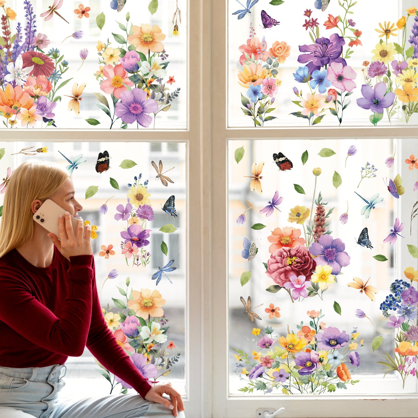 WSW6018 - Colourful Flowers with Dragonflies and Butterflies Window Clings