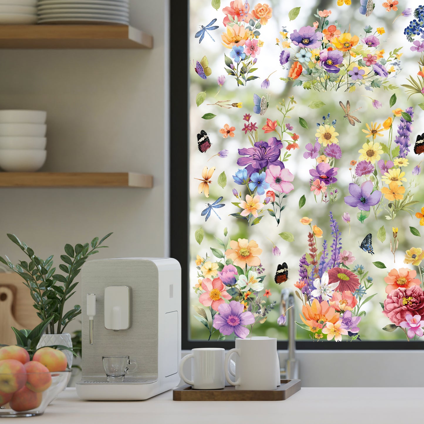 WSW6018 - Colourful Flowers with Dragonflies and Butterflies Window Clings