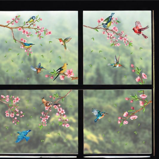 WSW6022 - Cherry Blossom Flowers Watercolour with Birds On The Branch Window Clings