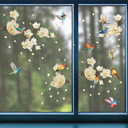 WSW6023 - White Magnolia Flowers with Birds Window Clings