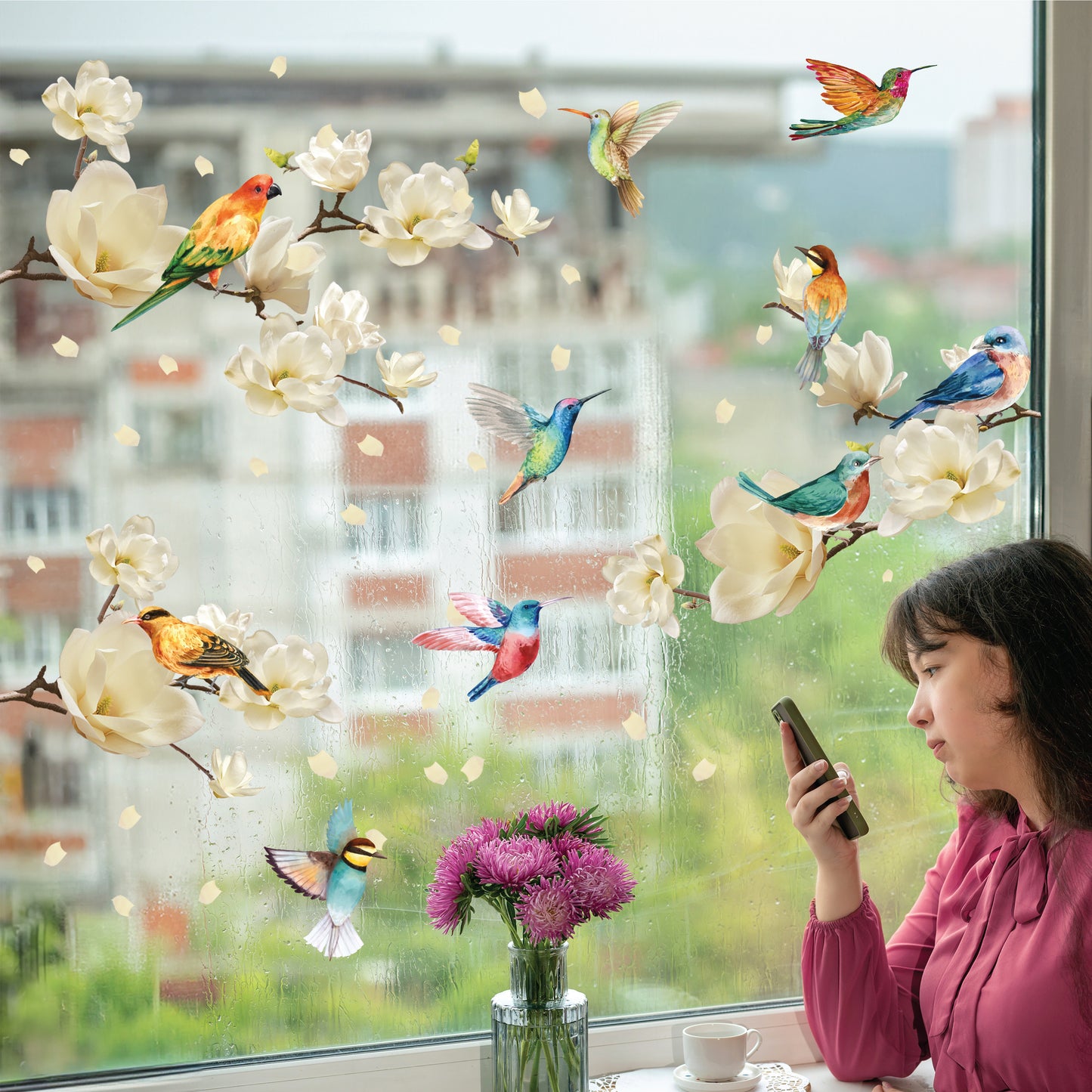 WSW6023 - White Magnolia Flowers with Birds Window Clings