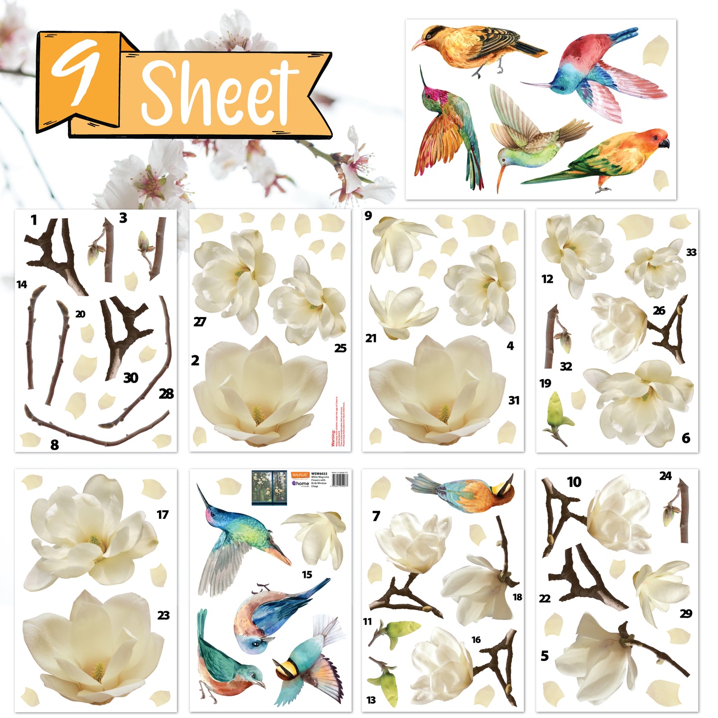 WSW6023 - White Magnolia Flowers with Birds Window Clings